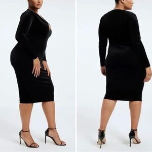 Good American Black Crushed Velvet Midi Dress Shoulder Pads Womens Sz 4 (XL)